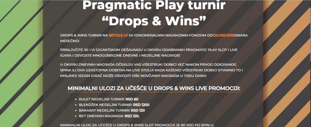 Betole Kazino uživo "Drop & Wins" Pragmatic Play-ov promotivni turnir sa nagradnim fondom do 120.000.000 dinara