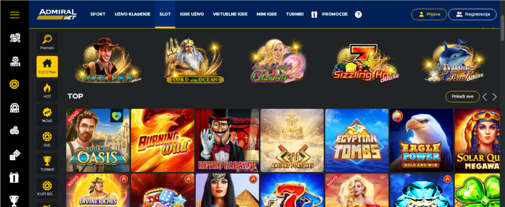 Admiralbet Kazino se nalazi na opciji "slot" na sajtu i najprepoznatljiviji je po slot igrama