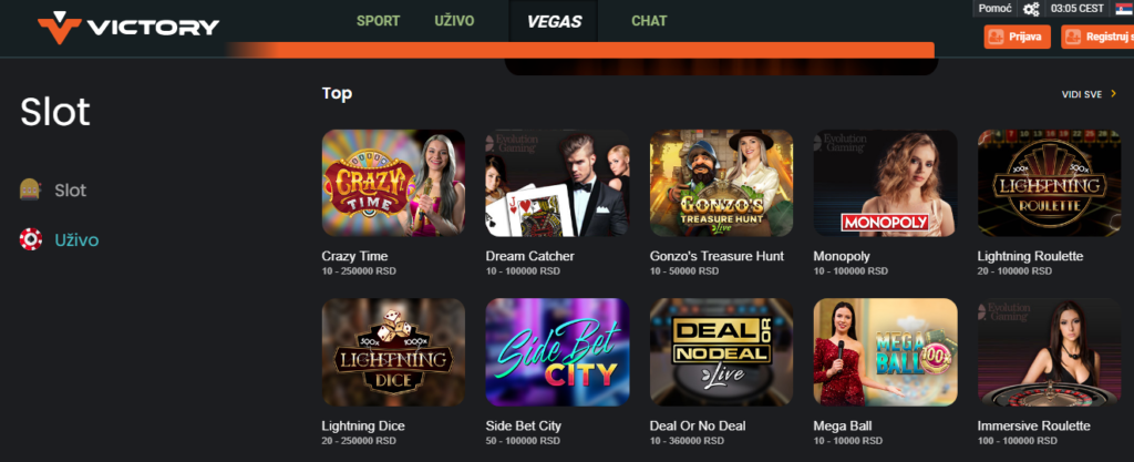 Victory Kazino uživo nalazi se na opciji "Vegas" na sajtu
