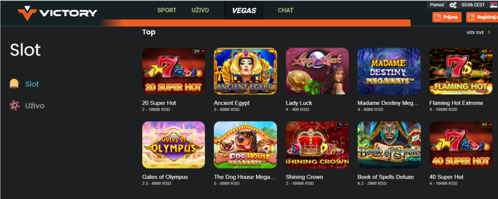 Victory Kazino se nalazi u odeljku "Vegas" na sajtu 