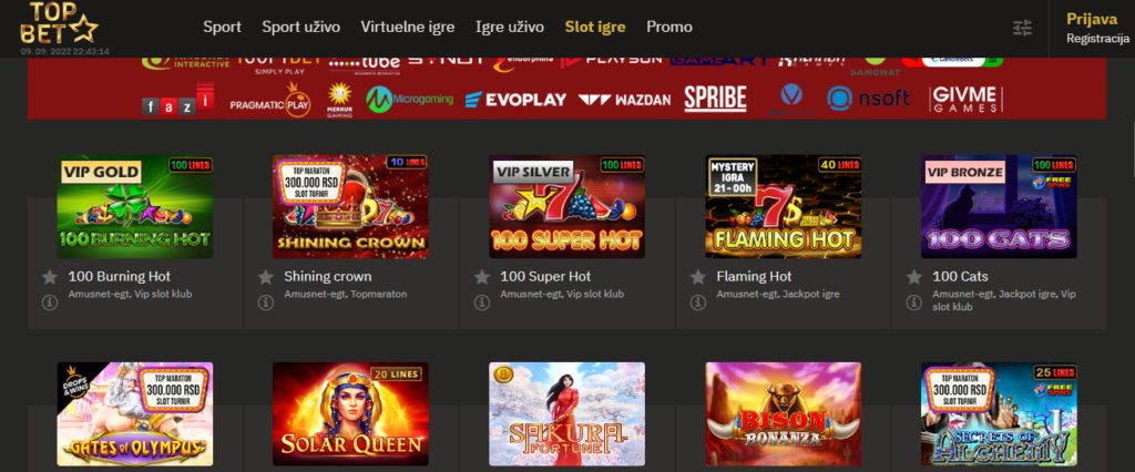 Topbet kazino klasične igre nalaze se u delu "Slot igre" glavnog menija