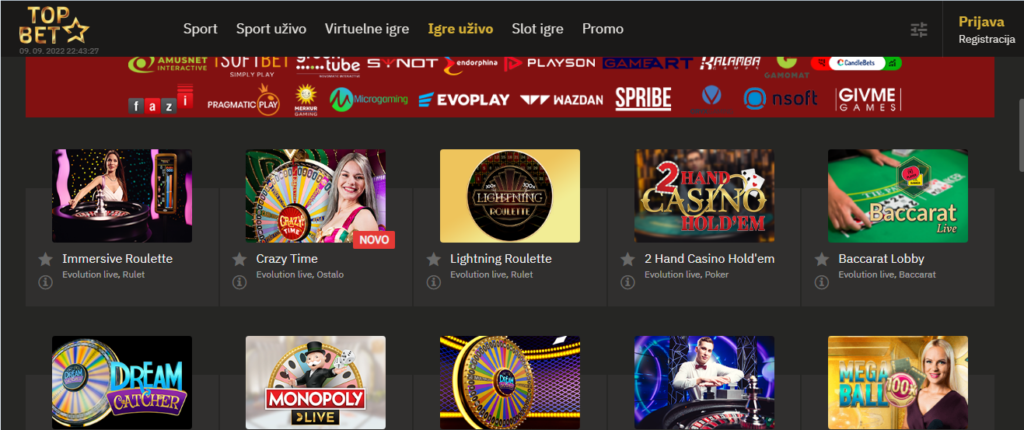 Topbet Kazino uživo nalazi se na opciji "Igre uživo" u glavnom meniju
