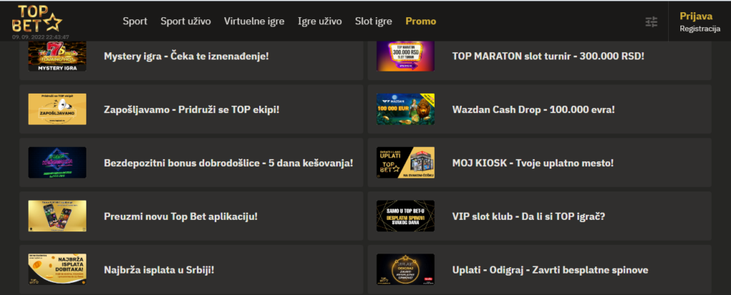 Topbet Kazino odlikuje bogata ponuda bonusa i promocija, jedino što je nemoguć pregled istih odvojen od ponude za klađenje